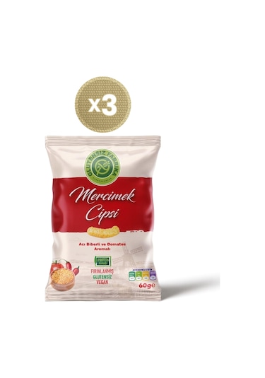 Glutensiz Fabrika Acı Biberli ve Domates Aromalı Mercimek Cipsi 3 x 60 G