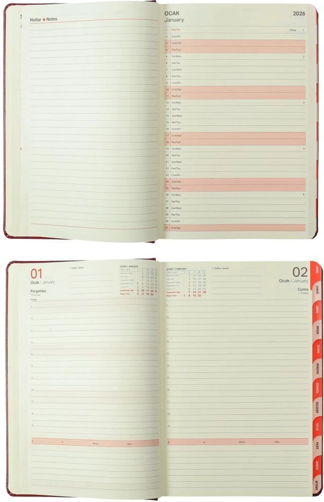 Victoria's Journals Business 2026 Günlük Ajanda 17x24cm Sert Kapak Ivory 80gr. Ayraçlı Bordo Bordo