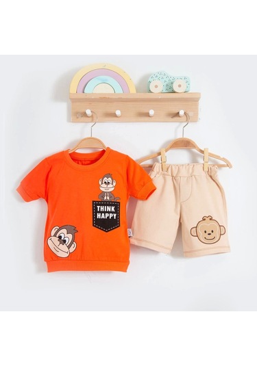 3-18 Ay Erkek Bebek Alt&üst Takımı Maymun 2li Turuncu Turuncu