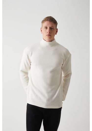 R-5849 Boğazlı Düz Örme Kazak Sweat Ekru