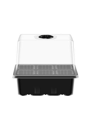 12 Delikli Yükseltilmiş Etli Kapaklı Sebze Fidesi Saksısı Siyah