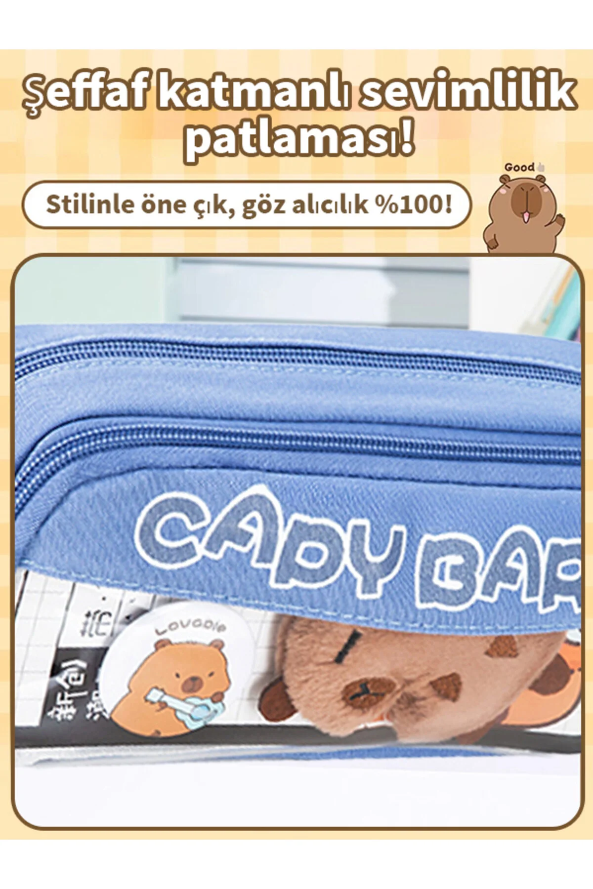 Capy Bara-40 Kalem Kapasiteli Çift Katlı Kalemlik Rastgele Broş & Oyuncak Mavi