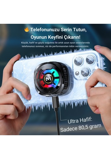 Polham Magsafe Uyumlu Telefon Soğutucu Dijital Isı Göstergeli, Rgb Led Işıklı, Turbo Fanlı 6000 Rpm, Klipsli Tutucu
