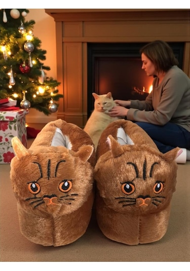 Kadın Kız Çocuk Yumuşak Soft Hayvanlı Kedi Figürlü Panduf Ev Ayakkabısı Kahverengi