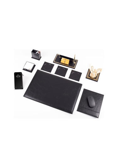 Opta 10 Parça Kartal Biblolu Siyah Deri Sümen Seti Takımı Gold Kalem Ofis Masa İsimliği Lüks İsimlik