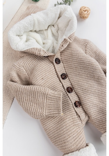 Triko Örme Welsoft Astarlı Kapüşonlu Kışlık Bebek Tulum Bej