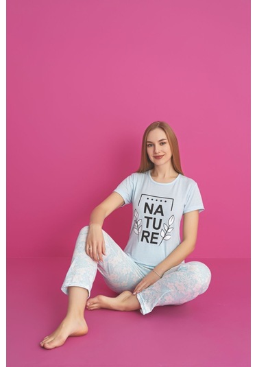 Dreamy Pamuklu Desenli Kısa Kollu Pijama Takımı Mavi