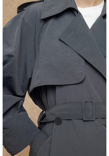 Manuka Teknik Kumaş Oversize Trenckot Antrasit