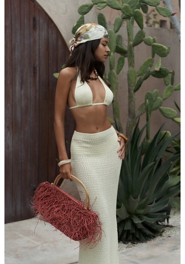 Pangestu Üçgen Sarı Crop Etek Triko Takım Sarı