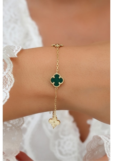 14k Altın Kaplamalı 925 Ayar Gümüş Granada Saray Yoncaları Bileklik - Yeşil 45103300 Altın