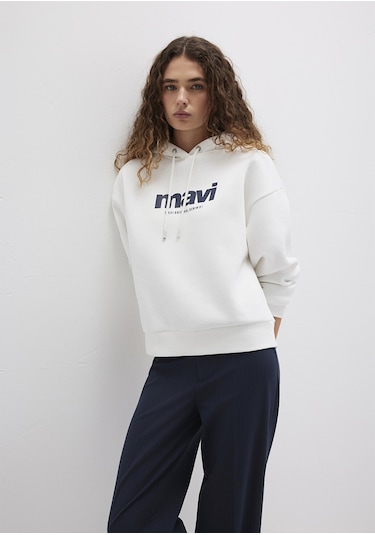 Mavi - Mavi Logo Baskılı Kapüşonlu Ekru Sweatshirt 168334-81964 Beyaz
