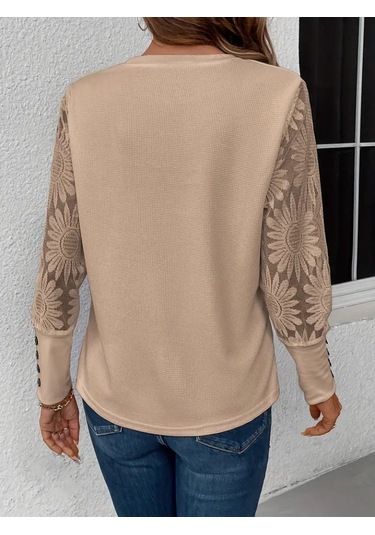 Kadın Bisiklet Yaka Kolları Dantelli Çiçekli Uzun Kollu Wellsoft Bej