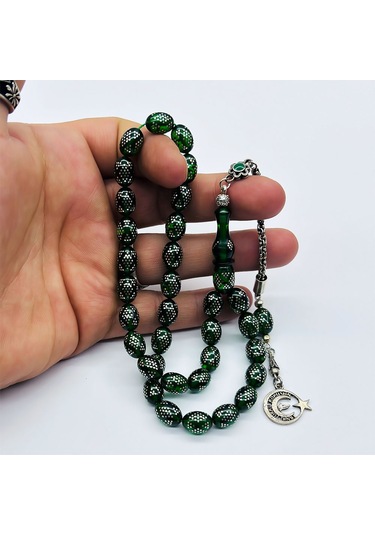 Yeşil Renkte 925 Ayar Gümüş İşlemeli Sıkma Ateş Kehribar Tesbih