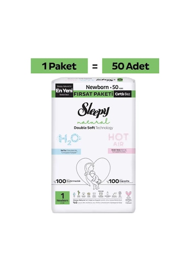 Sleepy Natural Double Soft Ultra Paket Bebek Bezi 1 Numara Newborn 50 Adet