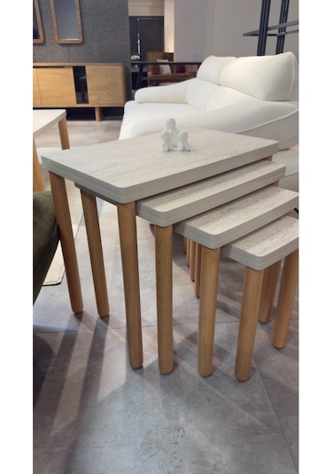 4lü Traverten Zigon Sehpa Bohem Ceviz Ayak Bej