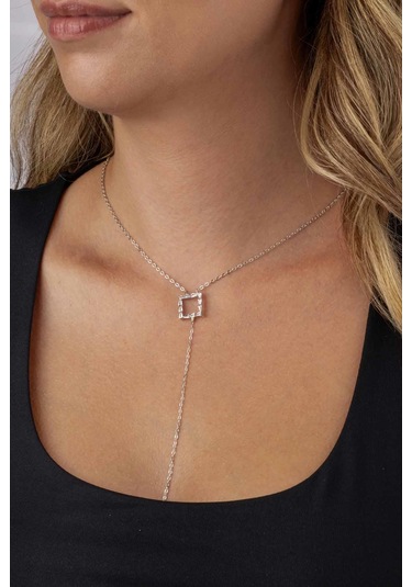 Gümüş Pazarım Baget Taşlı Kare Y Model Beyaz Altın Kaplama Kadın Çelik Kolye Altın