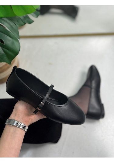 Günlük Siyah Kadın Babet Oval Burun İnce Bant Tokalı Kemer Ortopedik Ev İş Ofis Hafif Ayakkabı 113 Siyah