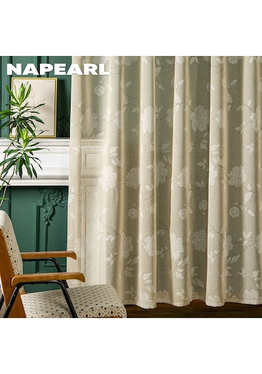 Bej 1 Adet Napearl Modern Taklit Keten Baskı Tül Perde Çiçek Desenli Pencere Sırf Perde Ev Dekor İçin W150cm X L250cm