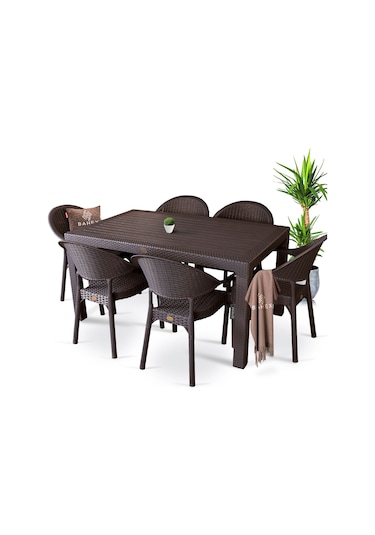 Bambu Pro 90x150cm Rattan Bahçe Balkon Masa Takımı 6 Kişilik Camsız Set Kahverengi