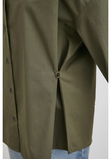 Düğme Detaylı Pamuklu Gömlek Haki Haki