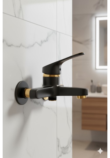 56623 Banyo Bataryası Duş Musluğu Musluk Armatür Siyah Beyaz Krom Gold Altın - Siyah