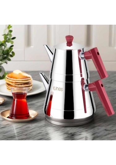 Yonca Lines Piramit Orta Boy Çelik Çaydanlık Bakalit Kızıl