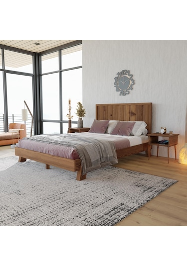 Hüma Model Ceviz Renk Çam Ahşap Karyola Ve İki Komodin Set Dikey -281 200 x 200 CM