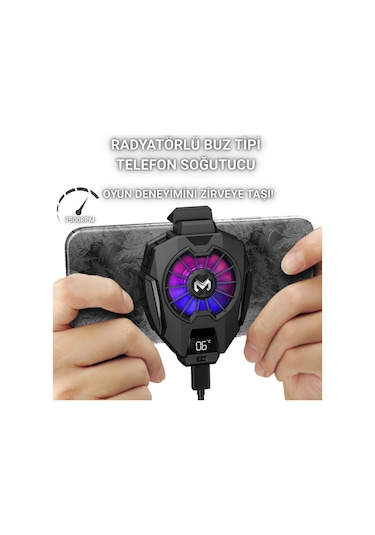 Polham 7500rpm Buz Tipi Radyatörlü Led Işıklı Telefon Soğutucu Fan, Sıcaklık Göstergeli Sessiz Soğutucu