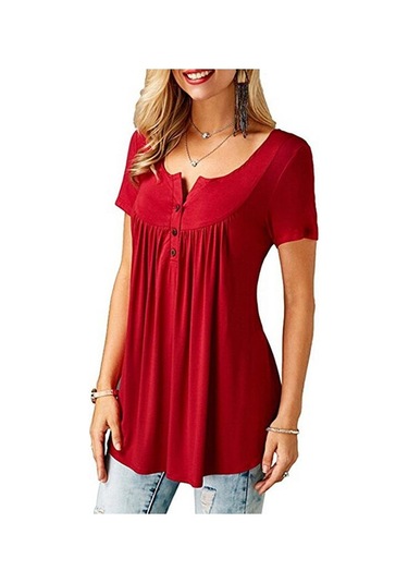 Kırmızı Bayan O Boyun Düğmesi Gevşek Elastik Bayanlar Kısa Kollu Tunik Gömlek Kadın Rahat Bluzlar Tops Kırmızı