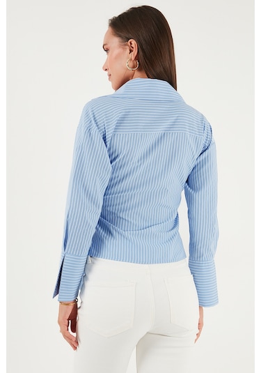 Lela Pamuklu Regular Fit Uzun Kollu Bağlama Detaylı Bayan Gömlek 65200538 Mavi Çizgili