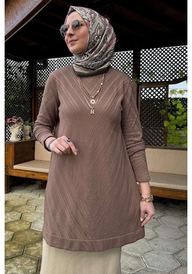 Rabia Şamlı Damla Triko Tunik Sütlü Kahve Çok Renkli