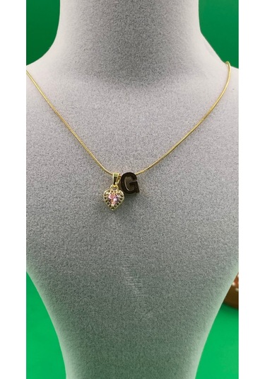 14k Altın Renginde G Harf Pembe Kalpli Minimal Çelik Kadın Kolye Altın