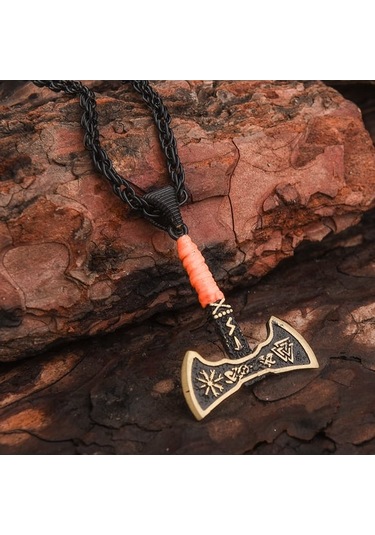Viking Çift Taraflı Balta Turuncu İpli Erkek Kolye Çelik