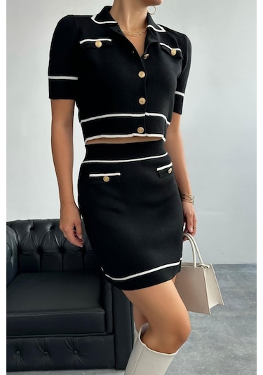 Kısa Triko Etekli Takım - Siyah-krem Siyah - Krem