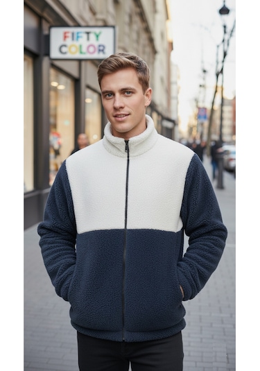Premium Kalite Renk Bloklu, Fermuarlı, Dik Yaka, Sherpa, Polar, Peluş Ceket Lacivert - Beyaz