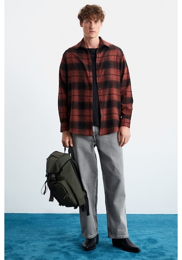 Sımonı Erkek Oduncu Gömlek Kalın Dokulu Çıtçıtlı Oversize Ceket Tipi Kiremit Rengi Gömlek