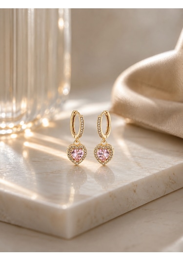 Kadın Paslanmaz Çelik Zirkon Taşlı Pembe Kalp Sarkıtlı Halka Küpe Altın