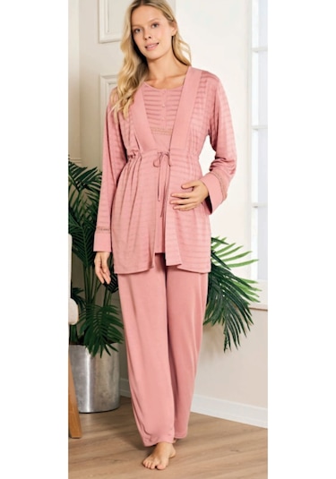 Feyza 5200 Sabahlıklı 3 Lü Hamile Lohusa Pijama Takımı Gülkurusu