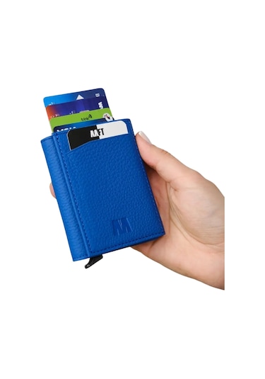 Mft Leather Hakiki Deri Erkek Mekanizmalı Cüzdan Retro 2660 Flother Mat Saks Mavi
