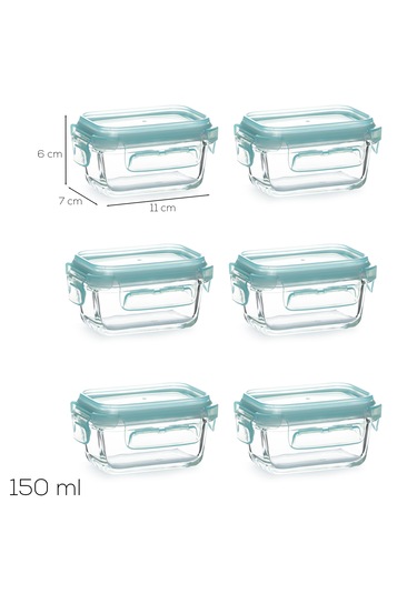 Porsima 4373 6lı Sızdırmaz Kilit Kapaklı Yiyecek Erzak Saklama Kabı Seti - Cam Saklama Kabı - 150ml Yeşil Şeffaf