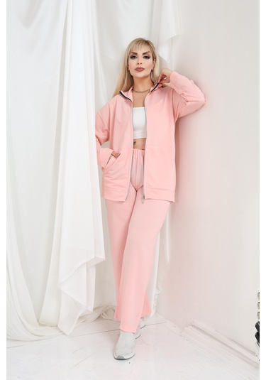 Kadın Büyük Beden Fermuarlı Uzun Kollu Rahat Günlük Eşofman Takım Pudra Pembe