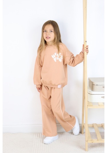 Kız Çocuk Hello Fun Baskılı İspanyol Paça İki İplik Eşofman Takımı Açık Kahverengi