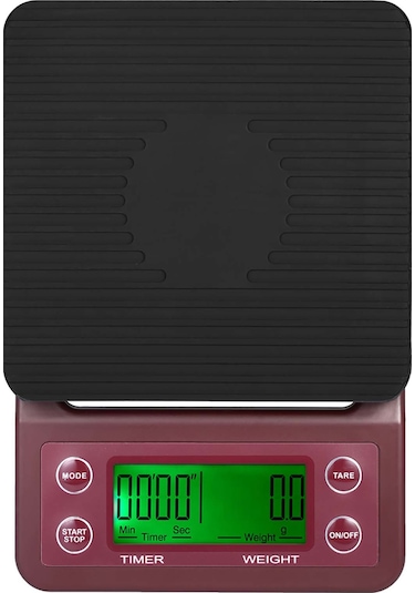 Kangvka Kahve Ve Pasta Tarifi İçin 3kg/0.1g Hassas Mutfak Terazi - Zamanlayıcı Fonksiyonu, Lcd Ekran, Bordo Renk Pil Dahil Değil Bordo
