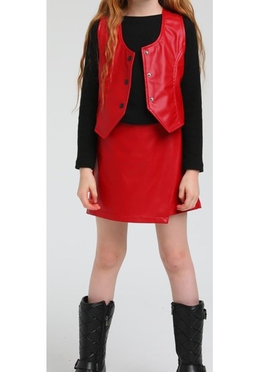 Kız Çocuk Beli Lastikli Şort Etek-13431-kırmızı Kırmızı