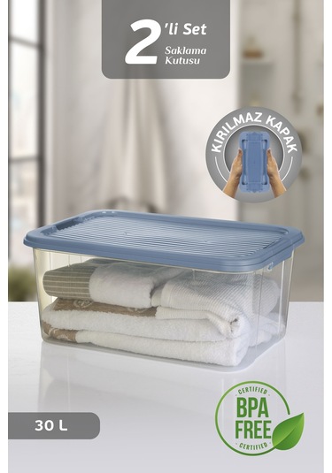 2'li 30l Multibox Saklama Kabı Kilitli Kapaklı Çok Amaçlı Düzenleyici Kiler Depolama Saklama Kutusu Mavi