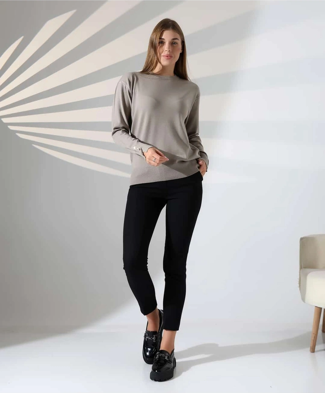 Gündelik Şıklık Kol Düğme Detay Triko Kazak Vizon