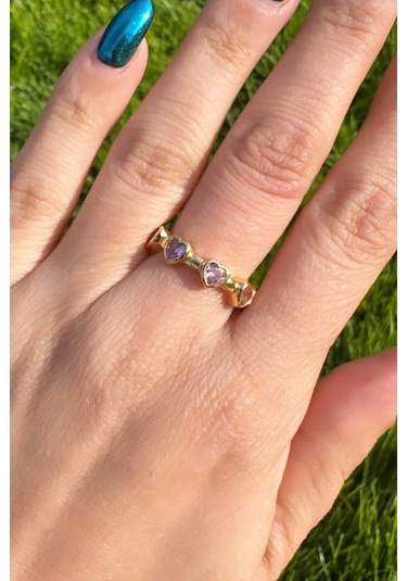 Gold Zirkon Pembe Taşlı Kalp Yüzük Pembe