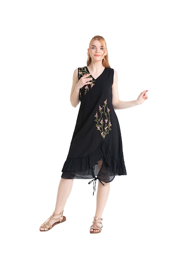 Kolsuz Vual Candan Yırtmaçlı Midi Boy Elbise Siyah Syh-siyah