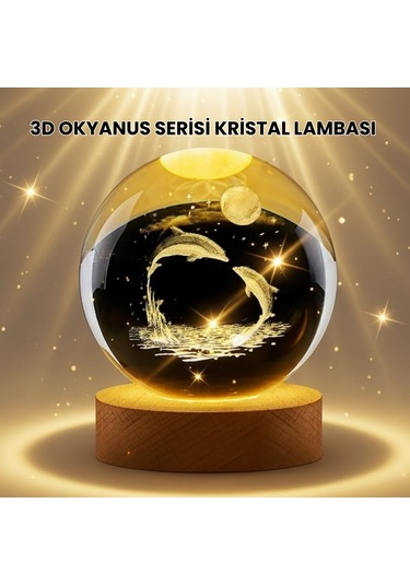 Lazer İşlemeli Yunus Kristal Küre Sıcak Işıklı Ahşap Standlı Standart