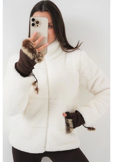 5178 Astarlı Peluş Mont - Beyaz Beyaz